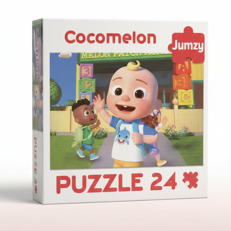 Cocomelon Jumzy puzzle box with cartoon characters on a wooden surface