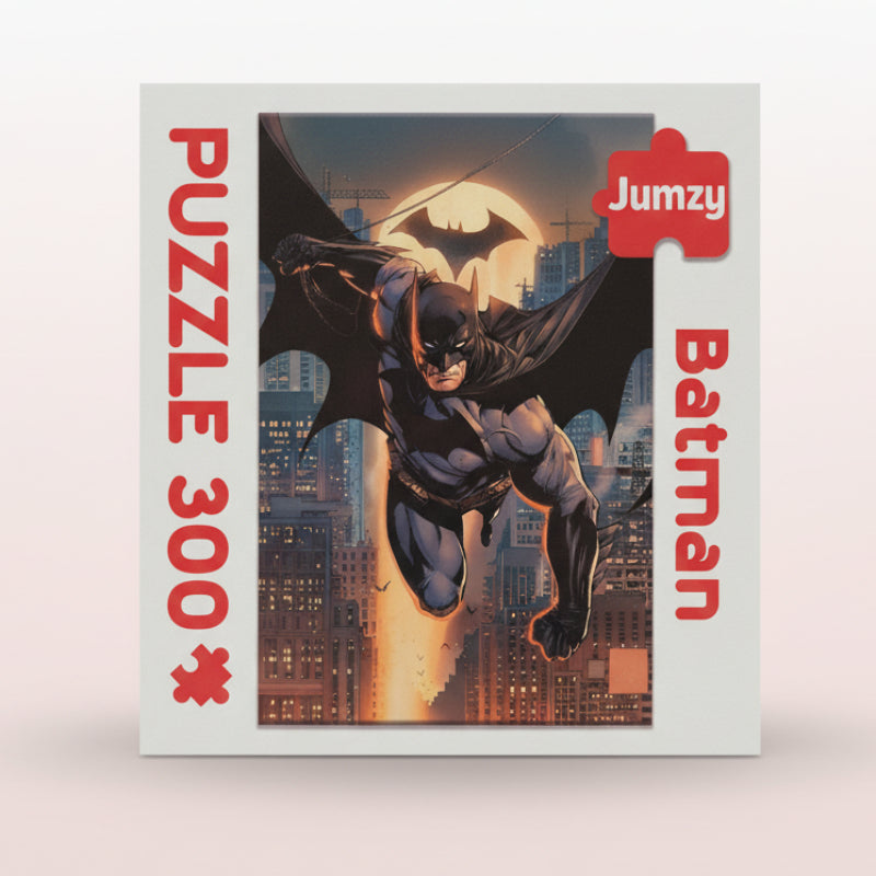 Batman puzzle box with cityscape background and 'Jumzy' branding