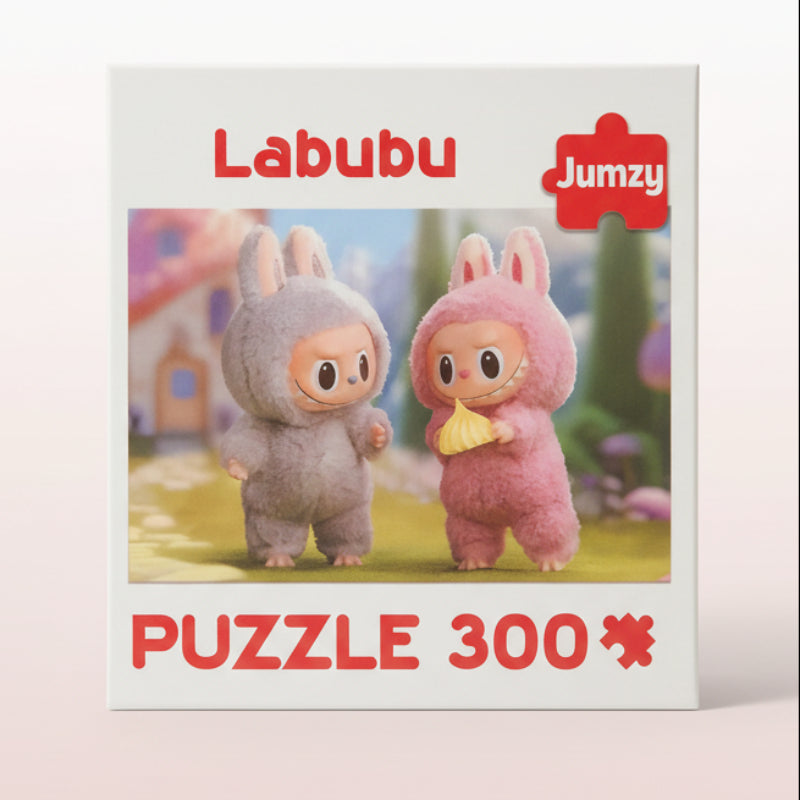 Jigsaw puzzle box featuring two cartoon characters in bunny costumes with 'Labubu' and 'Jumzy' branding.