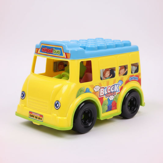 Toy bus puzzle in packaging on a wooden surface