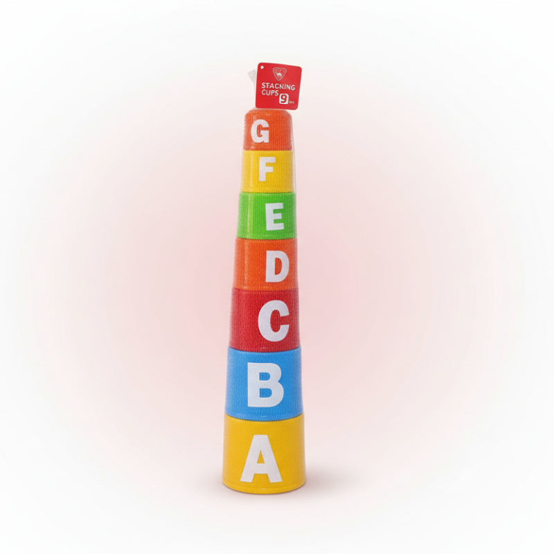 Stack of colorful stacking cups with letters on a white background