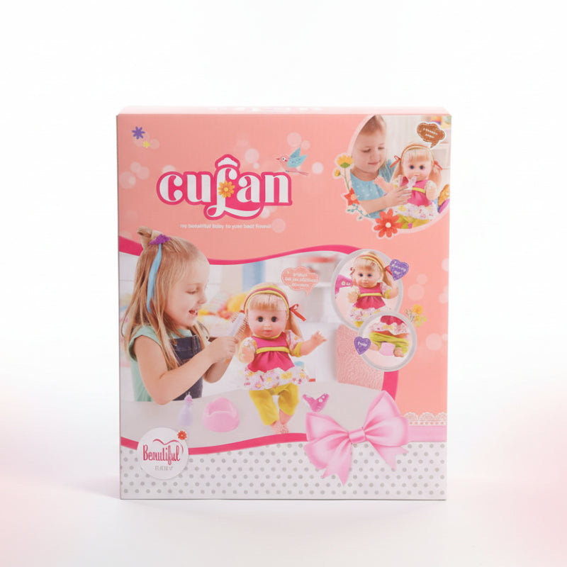 Culan toy packaging with a girl and doll on a pink background