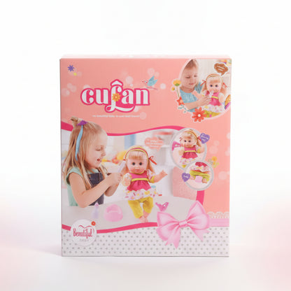 Culan toy packaging with a girl and doll on a pink background