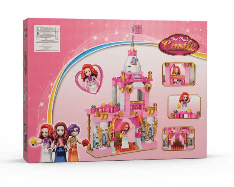 Pink toy castle set packaging with dolls on a pink background