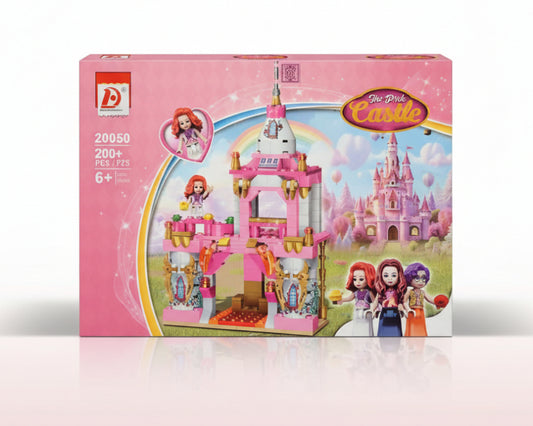 Pink castle building kit packaging with characters on a wooden surface