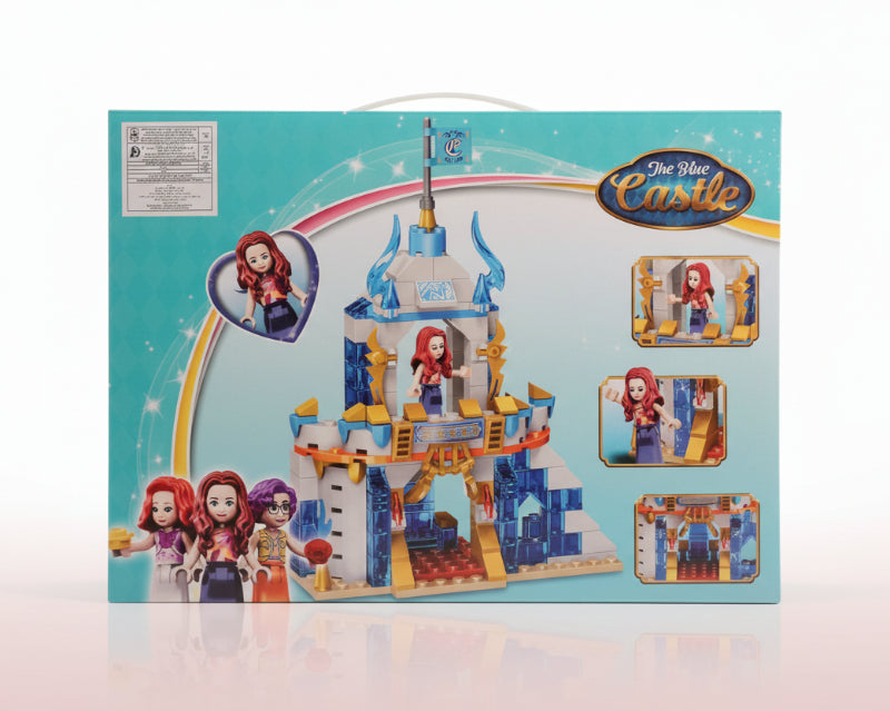 Toy castle set packaging with characters on a teal background