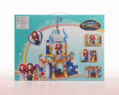 Toy castle set packaging with characters on a teal background