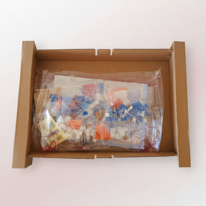 Packaged items on a wooden surface