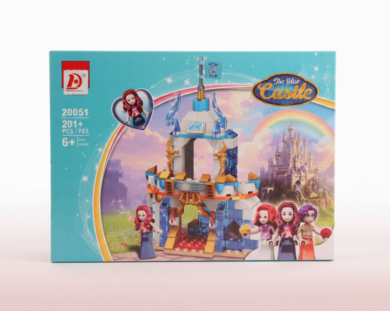 Box of a toy castle set with characters on a wooden surface