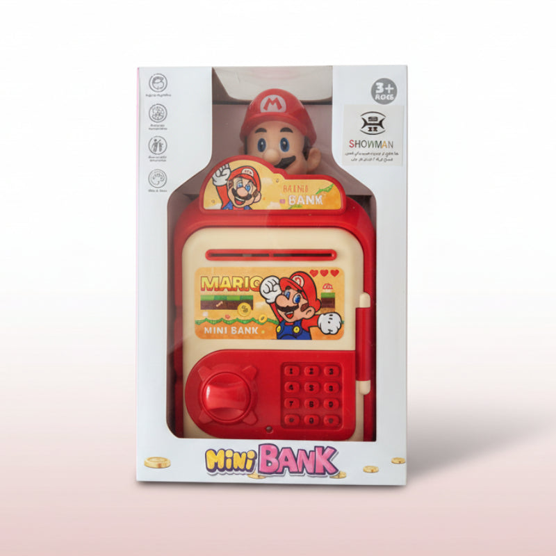 Red mini bank with Mario design in packaging on a wooden surface
