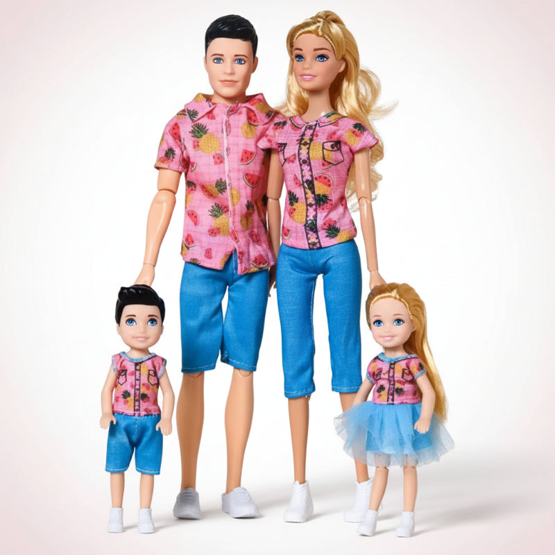Two dolls, one male and one female, standing next to two smaller dolls in front of a patterned background.