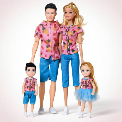 Two dolls, one male and one female, standing next to two smaller dolls in front of a patterned background.