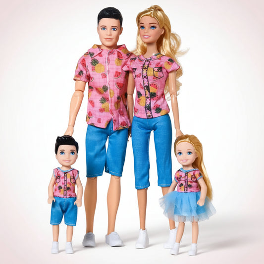 Two dolls, one male and one female, standing next to two smaller dolls in front of a patterned background.