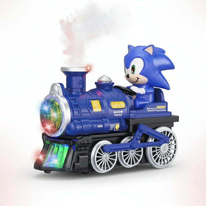 Toy train with a character on top, featuring smoke effect, on a colorful background with packaging and specifications.