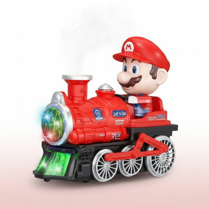 Toy train with Mario-like character on a colorful background