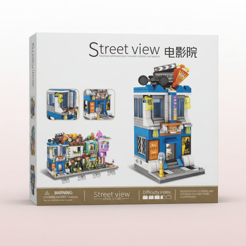 Box for a toy set with 'Street view' and 'Movie theater' text on a beige background