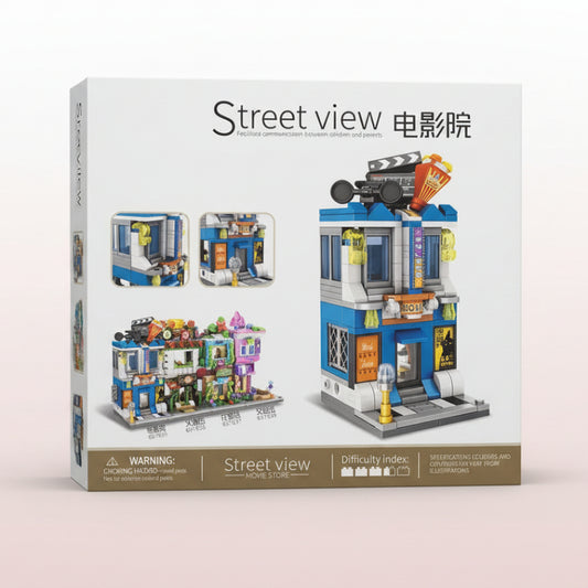 Box for a toy set with 'Street view' and 'Movie theater' text on a beige background