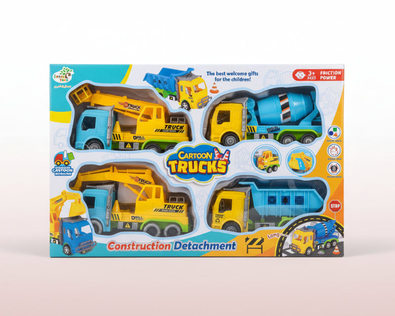 Cartoon Trucks construction toy set packaging on a wooden surface