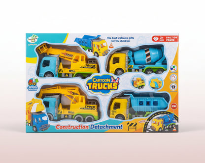 Cartoon Trucks construction toy set packaging on a wooden surface