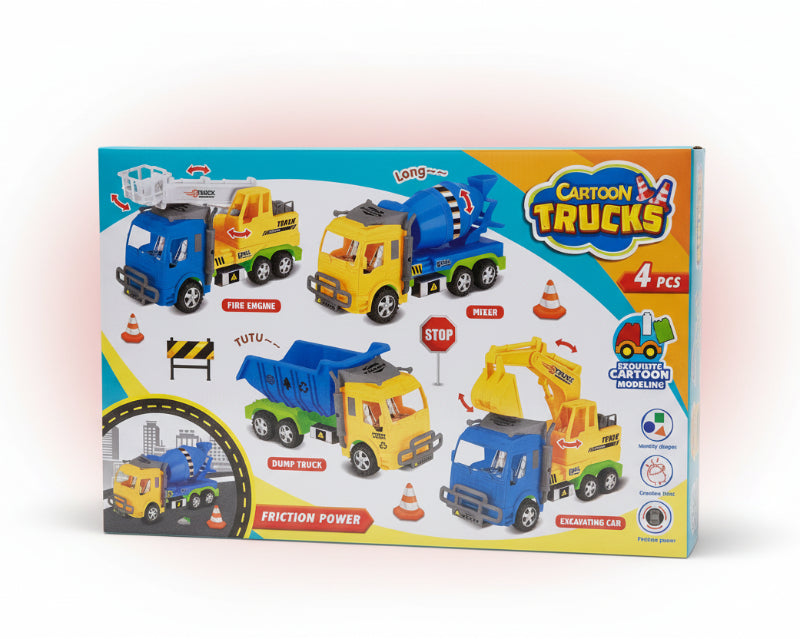 Cartoon Trucks toy set packaging with toy illustrations on a yellow background