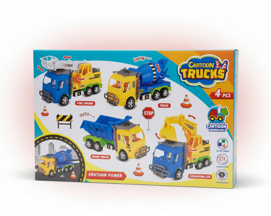 Cartoon Trucks toy set packaging with toy illustrations on a yellow background