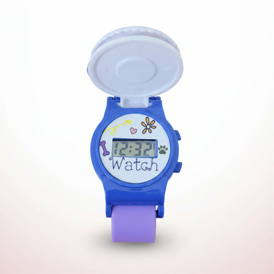 Children's digital watch with a purple band on a wooden surface