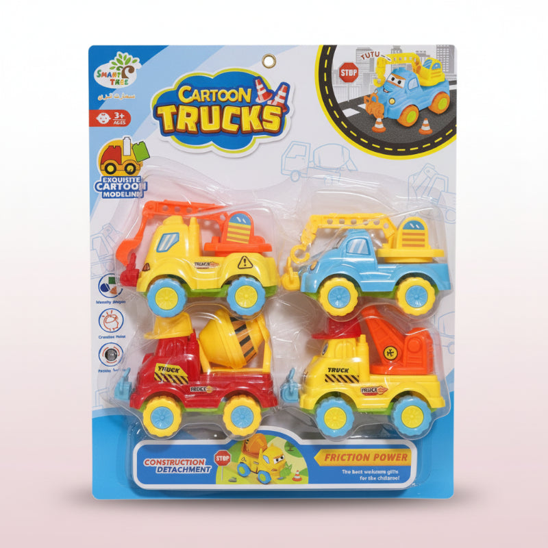Packaged toy cartoon trucks with colorful design on a white background