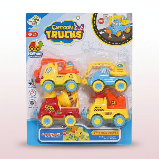 Packaged toy cartoon trucks with colorful design on a white background