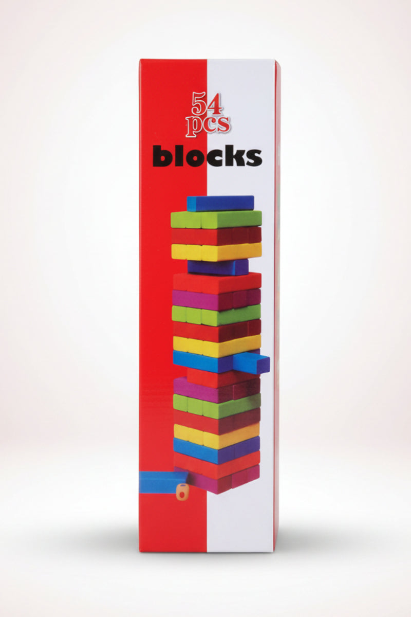 Box of colorful building blocks with a red and white design on a wooden surface.