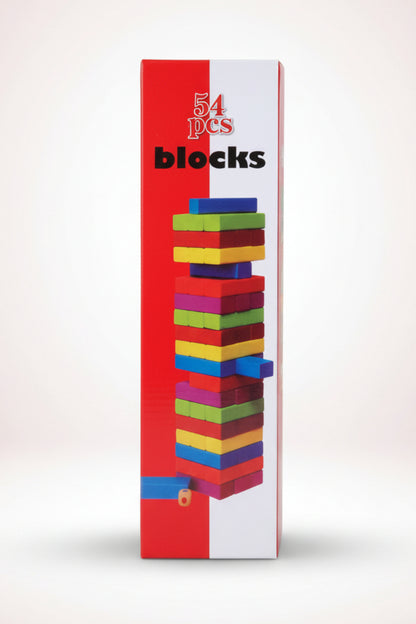 Box of colorful building blocks with a red and white design on a wooden surface.