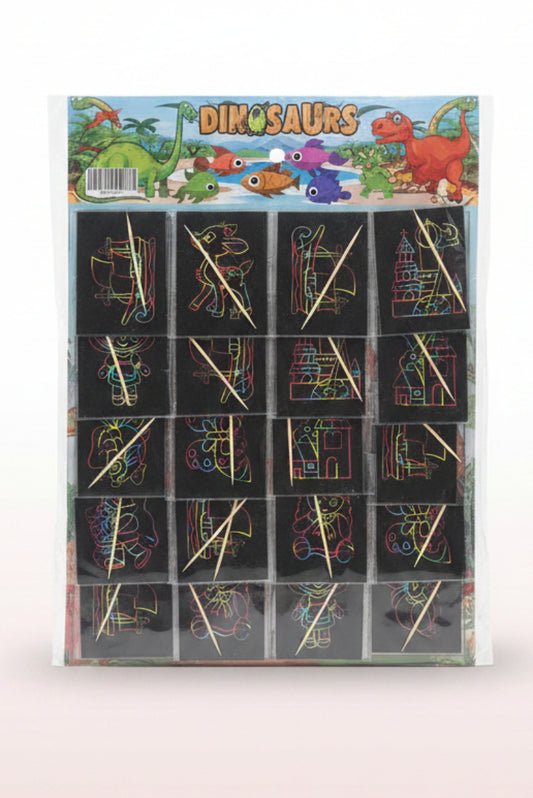 Packaged set of scratch art with dinosaur designs on a colorful background