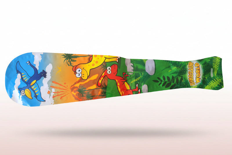 Colorful cartoon-patterned object on a wooden surface