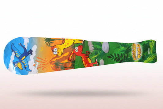 Colorful cartoon-patterned object on a wooden surface
