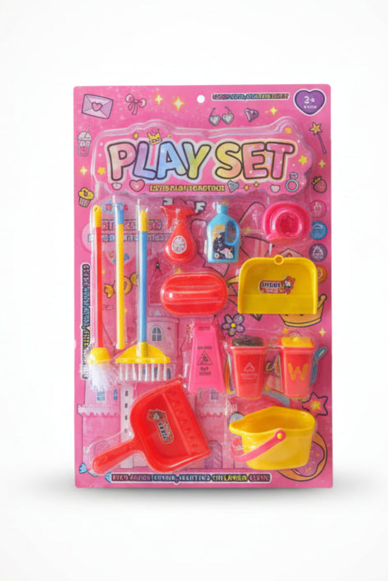 Toy play set packaging with various toys on a pink background