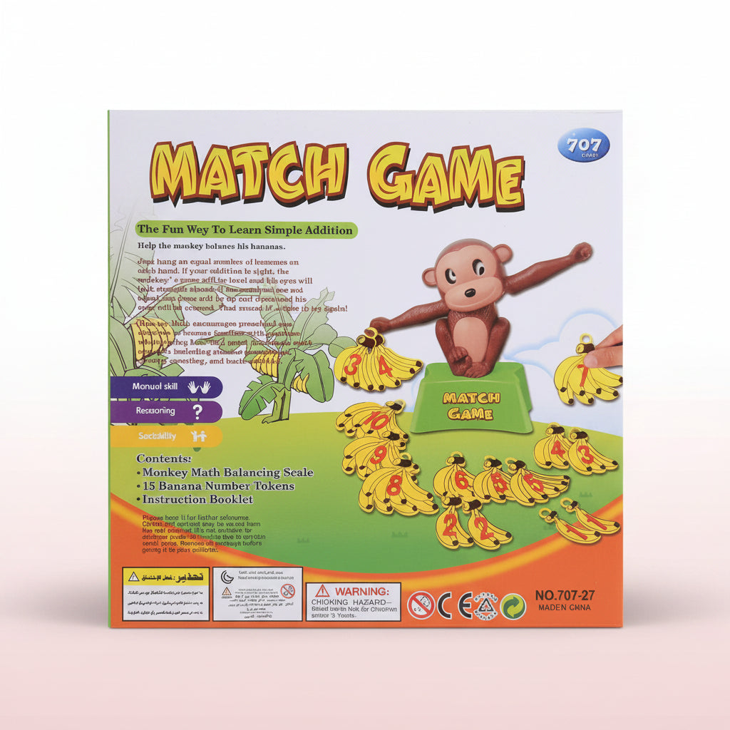 Match Game educational toy packaging with monkey and number tokens on a wooden surface.