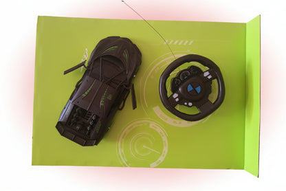Black steering wheel and car model on a green box with gaming design