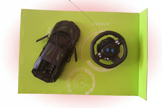 Black steering wheel and car model on a green box with gaming design