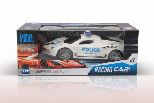 Model police car in packaging on a wooden surface with a white wall background