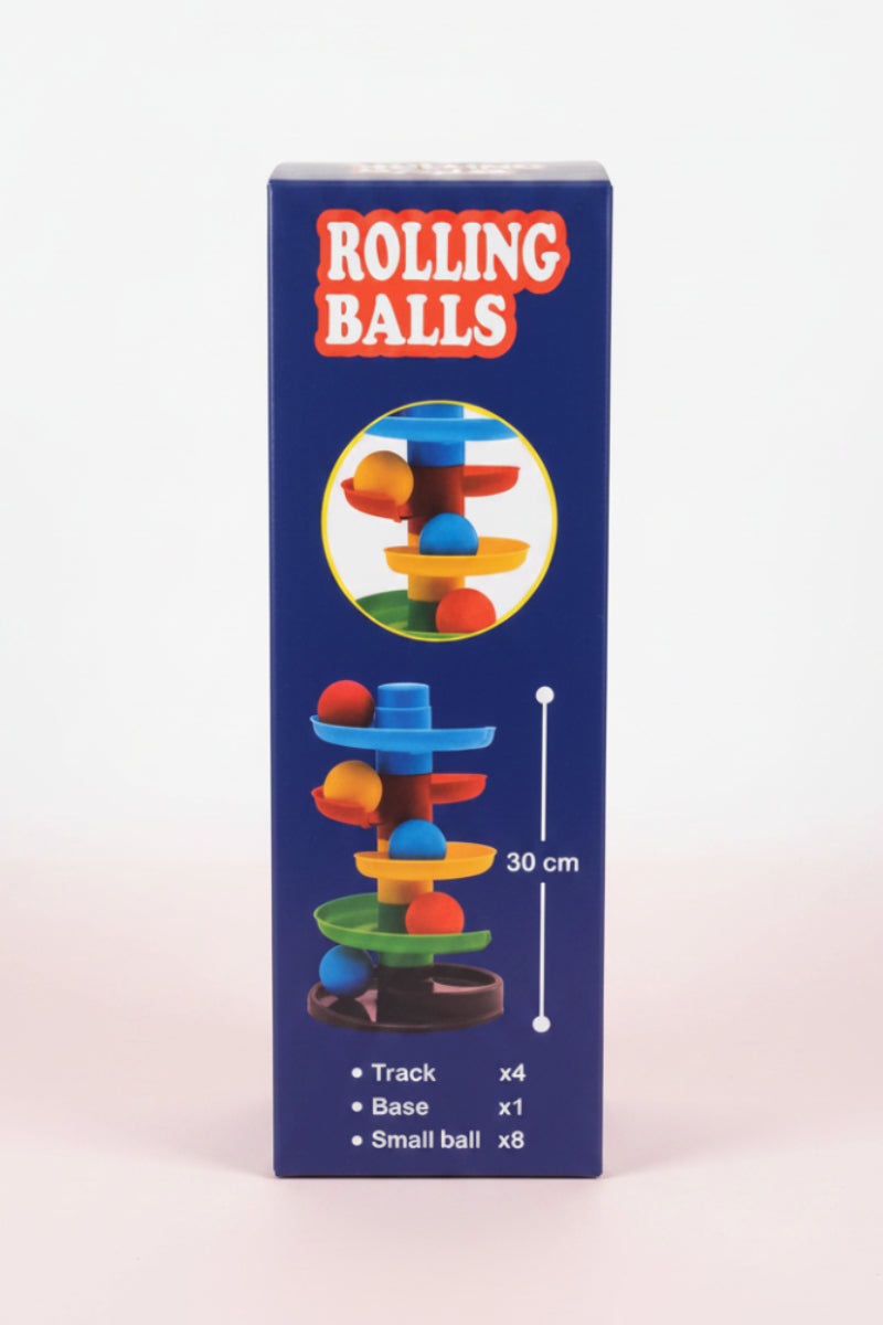 Box of 'Rolling Balls' toy set with colorful balls and a track on a white background.
