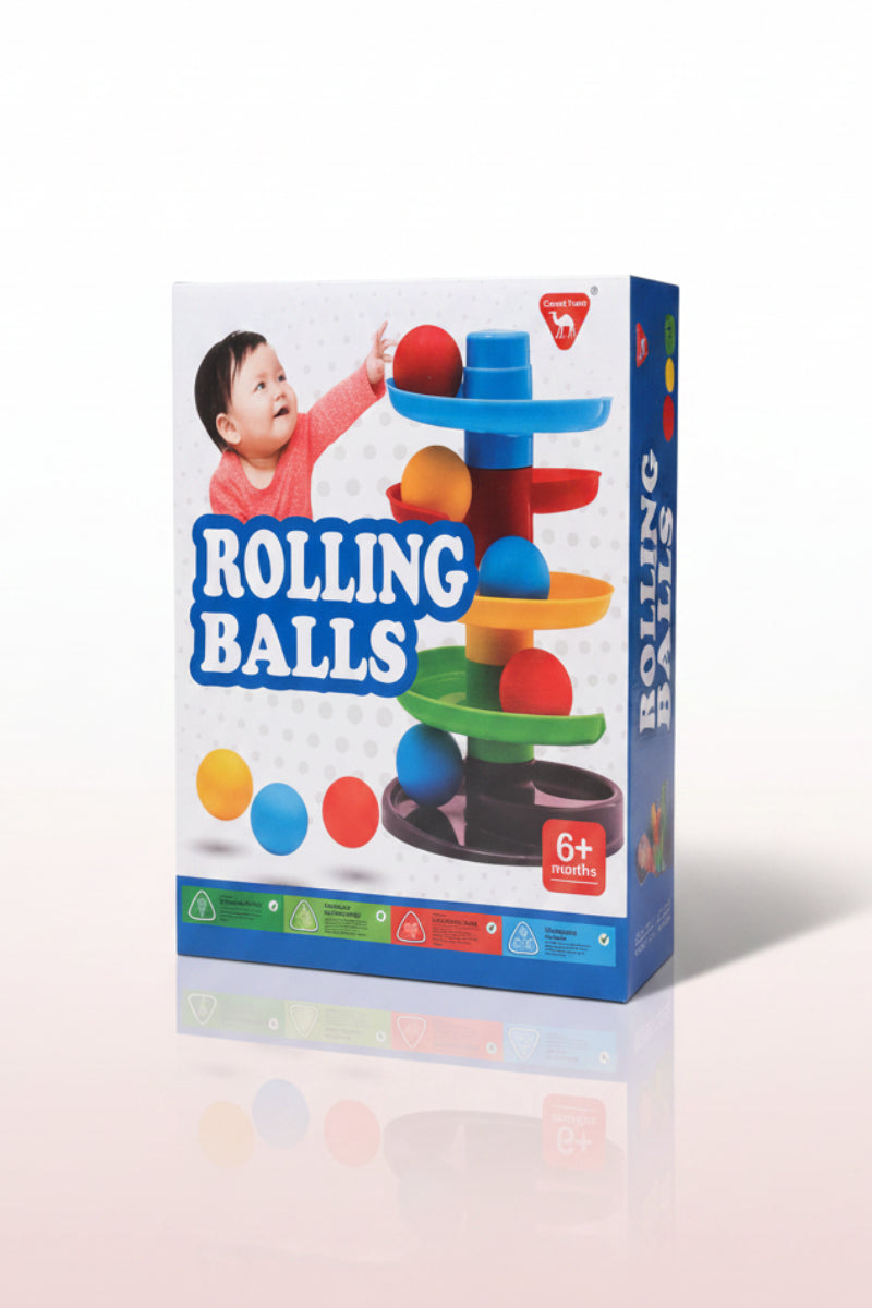 Box of a children's toy called 'Rolling Balls' with a child on the packaging.
