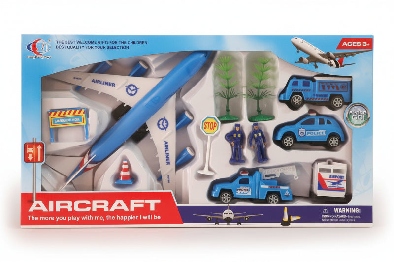 Box of toy aircraft and vehicles with various elements on a plain background