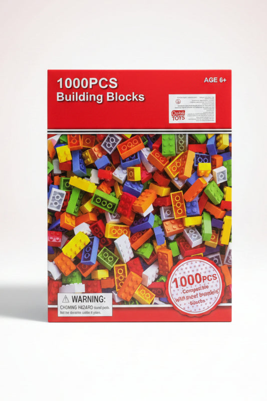 1000-piece building blocks set packaging held in front of a store shelf with various toys.