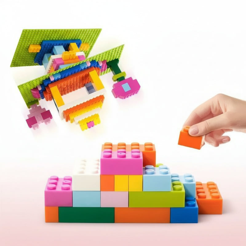 Colorful building blocks on a green baseplate with text about compactness and fit.