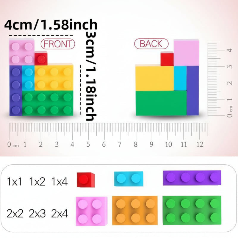 Colorful building blocks with measurements and a ruler for scale.