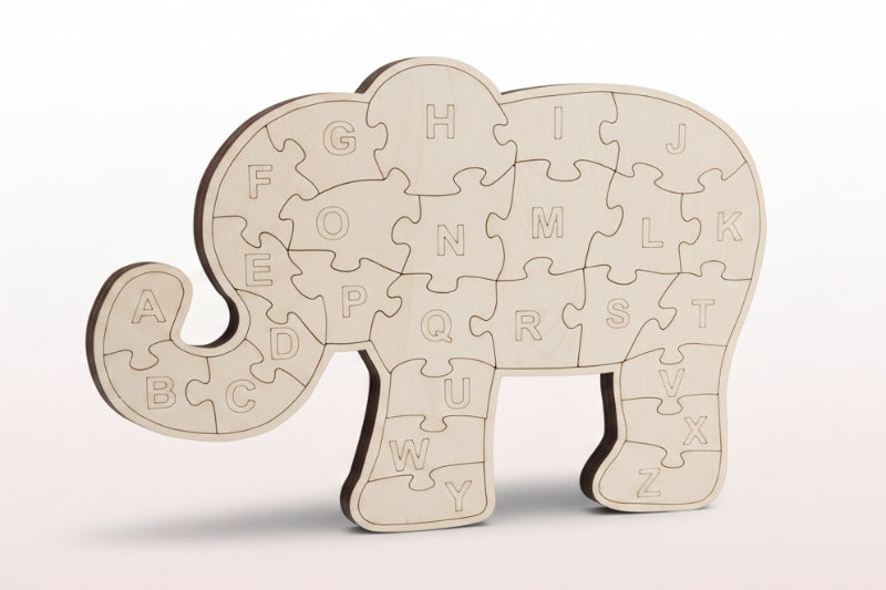 Elephant-shaped puzzle with letters on a dark background