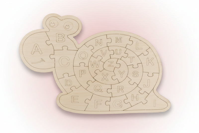 Snail-shaped wooden puzzle with alphabet letters on a dark background