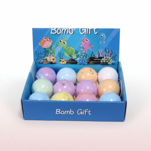 Box of colorful plastic eggs with a 'Bomo Gift' label on a shelf with various items.