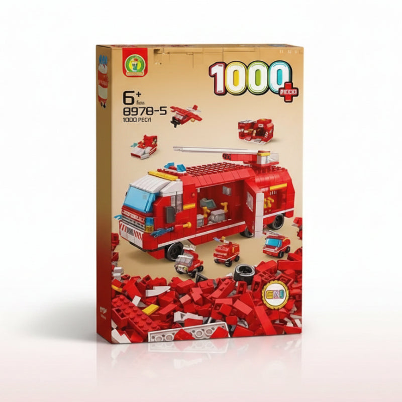 Toy building block set packaging with fire truck design on a wooden floor.