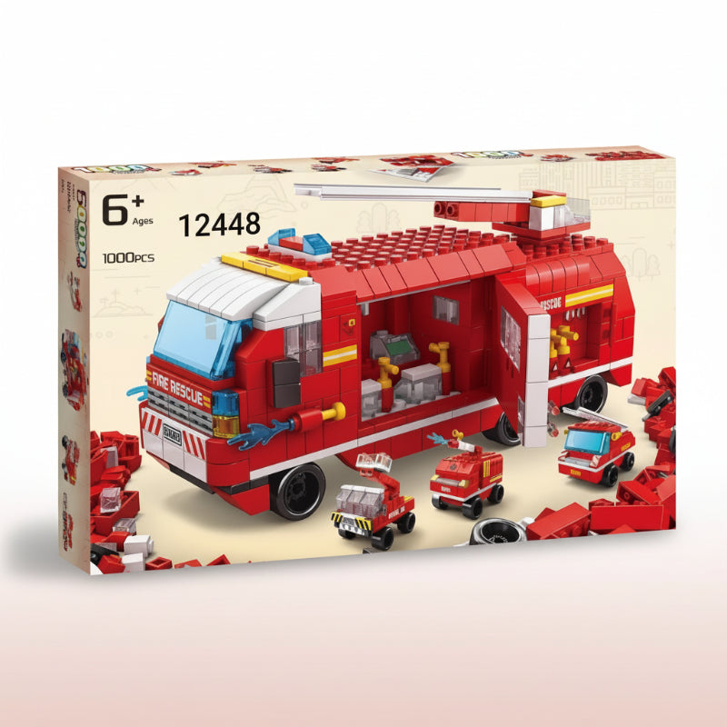 Red fire truck building block set with scattered blocks on a beige background