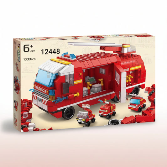 Red fire truck building block set with scattered blocks on a beige background